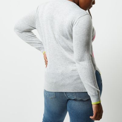 Plus grey knit pink flamingo tipped jumper